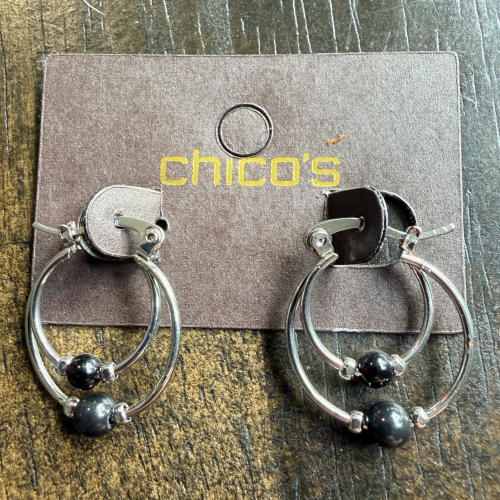 Chico's Hoop Earrings Y2K Silver Tone Black Bead 0.75" Double Hoop Locking Wire